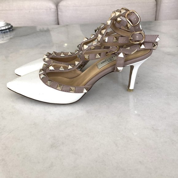 Valentino Garavani Rockstud caged pump ankle strap high heel leather shoes white - Picture 5 of 16